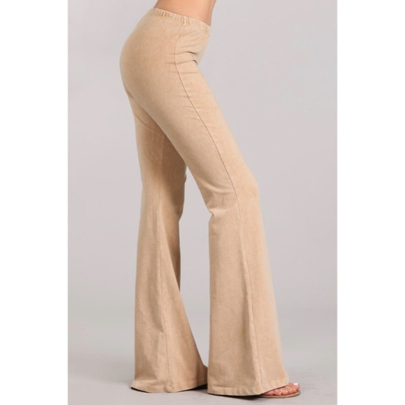 Beige Boho Mineral Wash Stretch Flared Bell Bottom Casual Pants - Picture 3 of 6